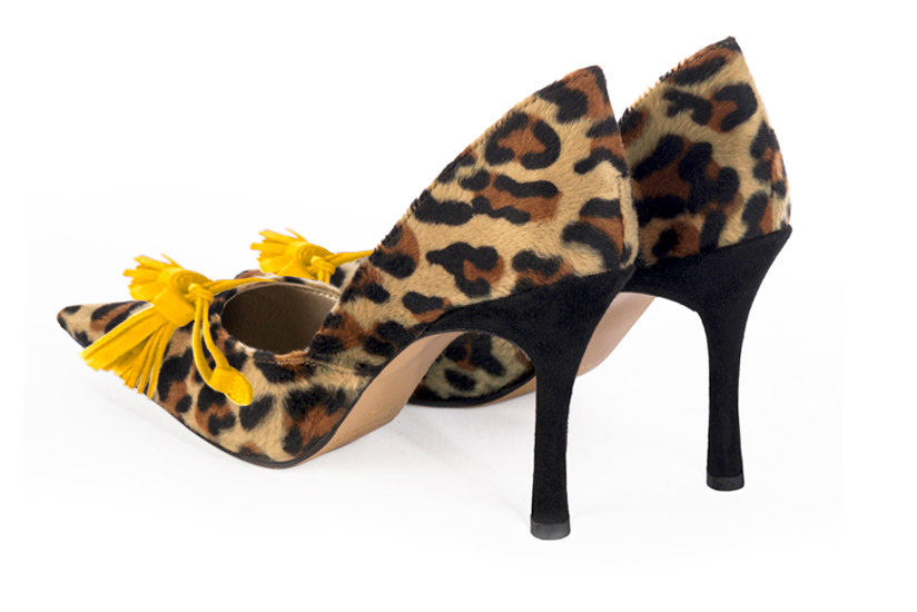 Safari black and yellow women's open arch dress pumps. Pointed toe. Very high slim heel. Rear view - Florence KOOIJMAN